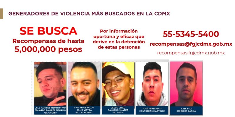 De acuerdo con las fichas de búsqueda dadas a conocer por la FGJCDMX ellos son Eduardo Ramírez Tiburcio, “El Chori”, por quien se ofrecen 5 mdp; Fabián Osvaldo Solís Vieyra, “El Cachorro”, 3 mdp; Jesús Uriel Salgado Suárez, “El Tuto”, 750 mil pesos; José Francisco Contreras Martínez, 500 mil pesos; y Axel Esli Espinoza García, un millón de pesos. FOTO: FGJCDMX