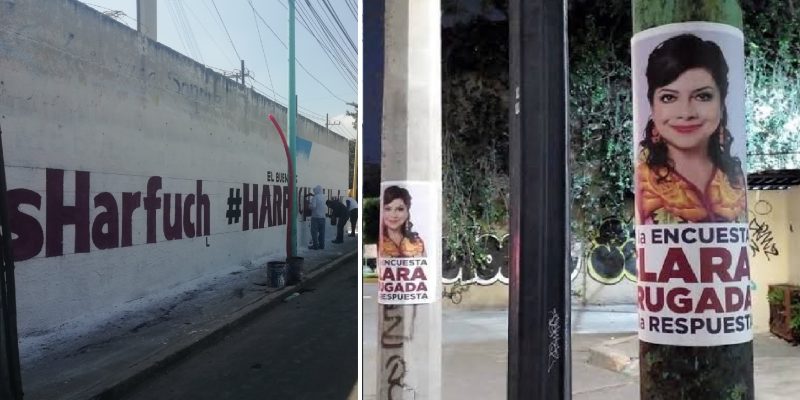 Los aspirantes a la candidatura de Morena para la Jefatura de Gobierno, Clara Brugada y Omar García Harfuch tapizaron la Ciudad de México con pintas en bardas, fotografías pegadas en postes y lonas. FOTOS: X / @JoeCast84 y @Nevyt01