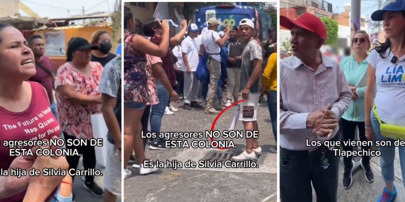 Invasores de la Barranca de Tlapechico invadieron la campaña de Lía Limón durante un recorrido por la colonia Margarita Maza de Juárez. Los agresores, identificados con el grupo de Silvia Carrillo, lanzaron huevos y agredieron verbalmente a vecinos, a la candidata y a su equipo. FOTO: Especial