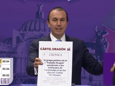 En su mensaje final, el candidato a alcalde de Cuajimalpa, Carlos Orvañanos asestó el golpe que noqueó a su adversario, Gustavo Mendoza, candidato de Morena: se refirió a su grupo político como "Cartel Dragón". FOTO: Tomada del video del debate