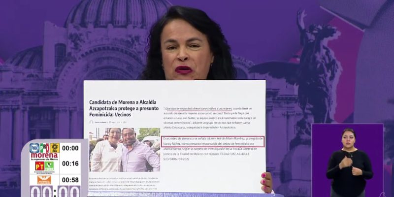 Margarita Saldaña evidenció otra grave incongruencia de Núñez, pues vecinos de la demarcación acusan que su coordinador de campaña, Lenin Adrián Martín Ramírez, está acusado de feminicidio y ella lo protege. FOTO: Captura de pantalla video oficial