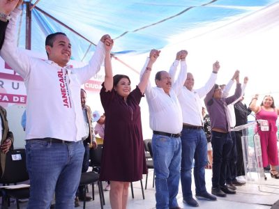 La candidata a la Jefatura de Gobierno en la Ciudad de México, Clara Brugada, aseguró que Janecarlo Lozano ganará las elecciones el próximo 2 de junio y se convertirá en el alcalde de Gustavo A. Madero. FOTO: Especial