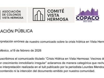 En una aclaración pública, los vecinos, junto con el Copaco de la colonia, “rechazamos de manera categórica el contenido e interpretación realizado en el tuit publicado por la periodista Lourdes Mendoza ya que no refleja ni el contenido, ni la intención del documento emitido por nuestra comunidad”. FOTO: Especial