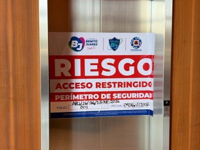 Derivado de los acontecimientos ocurridos el pasado 6 de abril en los elevadores de la Torre Residencial Mítikah, la alcaldía Benito Juárez informa que se procedió a realizar una inspección técnica el martes 7 de abril en la que se determinó restringir la operación de siete elevadores y un montacargas. FOTO: Especial